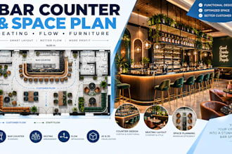 design cocktail bar layout with counter, seating and functional space planning