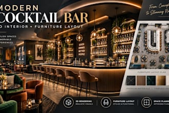 design modern cocktail bar interior, 3d rendering and furniture layout plan