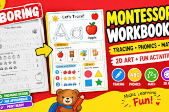fix boring montessori workbooks with tracing, phonics, math and 2d art