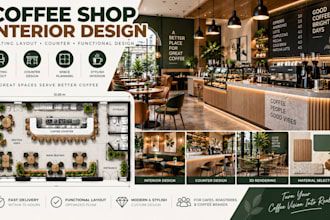 design coffee shop seating layout, counter and functional interior design plan