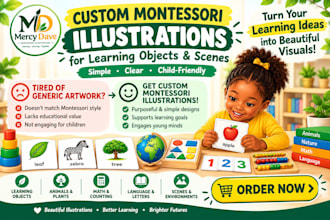 design child friendly montessori illustrations with learning objects and scenes