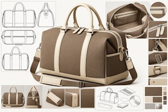 design a duffel bag tech pack and technical flats for fashion duffel bags