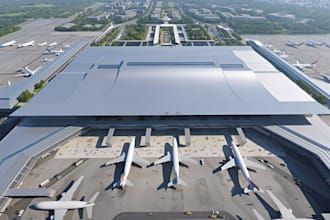 do 3d airport design, 3d airway, airplane park, aviation layout, terminal render