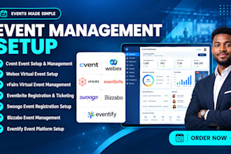 setup event management via cvent webex vfairs eventbrite swoogo bizzabo eventify