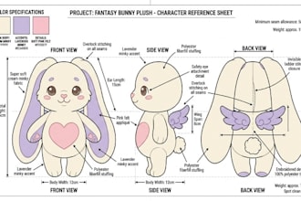 design plush character reference sheet stuffed animal toy tech pack