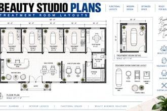 design beauty studio floor plans, treatment rooms with furniture layouts