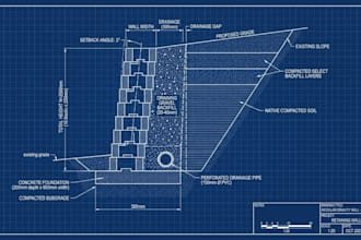 draw modular block and gravity retaining wall cad section details for permit