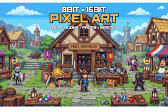 create 8bit 16bit pixel art items, icons, props and game character sprites