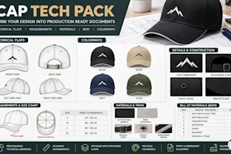 create cap tech pack, hat tech pack and technical drawings for manufacturing