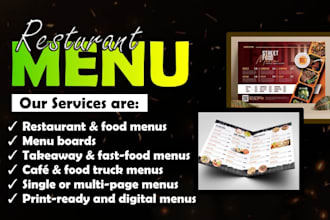 design a modern restaurant food menu and menu board