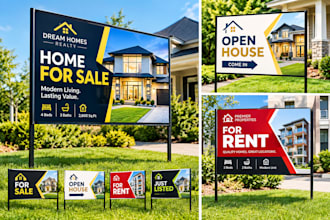do real estate yard sign design, realtor sale signs, open house, rental signage