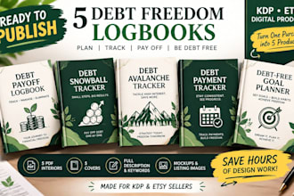 provide 5 ready to publish debt payoff logbooks for KDP and etsy