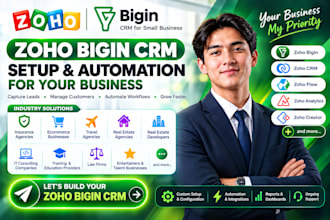 setup and automate zoho CRM zoho bigin, books, analytics, creator, flows, one