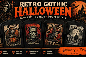 design retro dark art halloween gothic horror tshirt printify pod etsy store