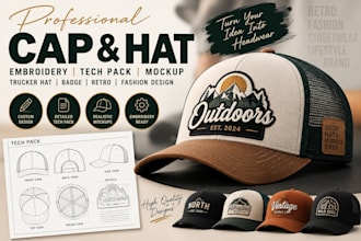 cap baseball embroidery tech pack trucker hat mockup badge retro fashion design
