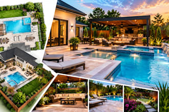 design 2d 3d backyard landscape, pool, patio and pergola