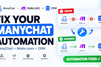 fix manychat automation connected to make com and CRM