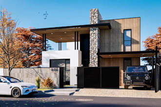 redesign tiny house exterior, facade cladding, roofline design, terrace render