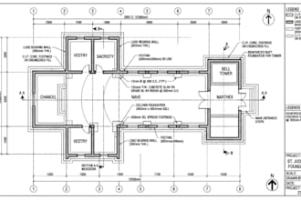 draw 2d church elevation plan, site plan, foundation drawing roofing and framing
