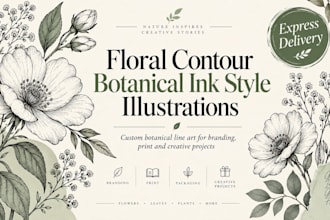 create floral contour and botanical ink style illustrations