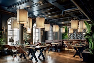 detailed 3d restaurant,cafe, bar,interior design, seating layout,realisticrender