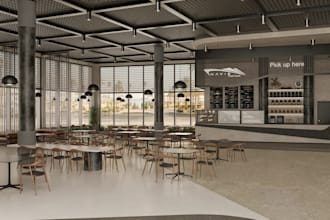 render, design restaurant interior,food count, architect 2d plan, cafe 3d layout