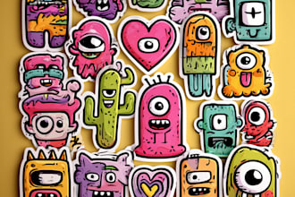 draw cartoon doodle stickers, hand drawn designs for print