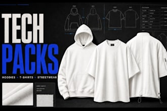 create hoodies tech pack, streetwear tech pack, t shirt, menwears and mockup