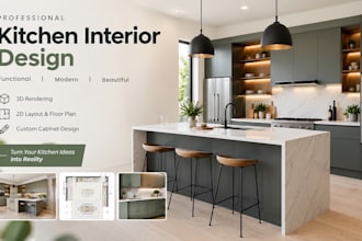 design your kitchen interior, cabinet layout with realistic 3d rendering