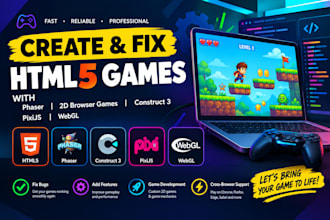 create fix html5 games with phaser, 2d browser games, construct 3 pixijs webgl