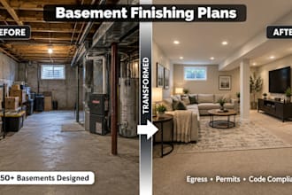 draw basement finishing plans, apartment layout, egress bedroom permit drawings