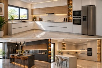 design a modern kitchen and provide realistic 3d renders