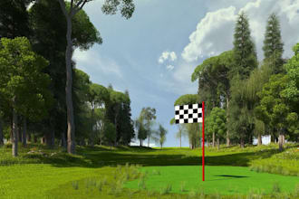 design 3d golf course landscape, green turf, mini golf layout, putting green