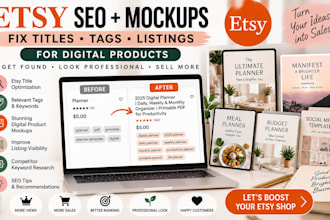 setup and fix etsy title and tags, fix products mockups for digital products