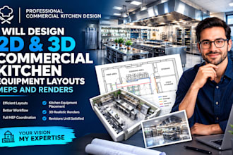 design 2d and 3d commercial kitchen equipment layouts meps and renders