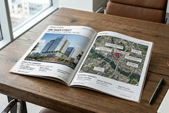 design luxury commercial real estate offering memorandum brochure and aerial map