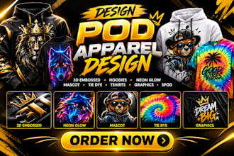 design pod 3d embossed hoodies neon glow masscot tie dye tshirts graphics spod