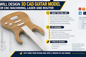 design 3d guitar cad model for cnc machine, laser and router