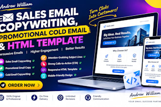 write promotional sales email copywriting, cold email, responsive HTML template