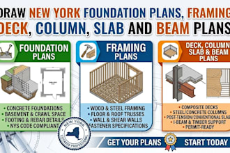 draw new york foundation plans, framing, deck, column, slab and beam plans
