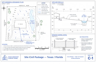 civil3d site grading water runoff, hydraulic erosion control plans for tx fl