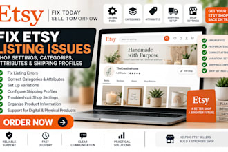 fix etsy listing issues, shop setup, product categories and shipping profiles