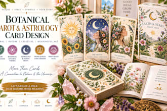 illustrate botanical nature tarot cards, floral card deck, astrology deck design