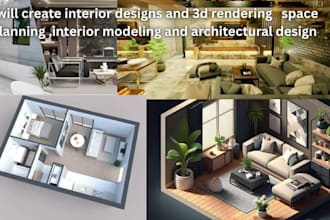 create interior designs and 3d rendering, space planning and interior modeling,