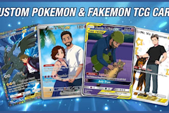 design custom pokemon tcg card, trainer card, fakemon card and card game design