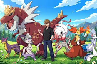 draw you as a custom pokemon trainer with your pokemon team ,oc pokemon arts