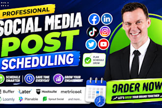 setup social media scheduling via buffer later hootsuite metricool loomly etc