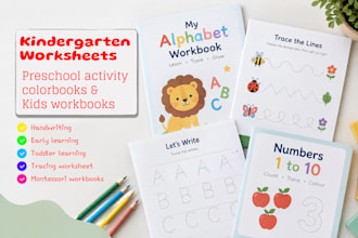 create kindergarten worksheets, preschool activity colour books, kids workbooks