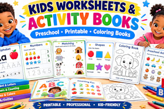 printable kids worksheet, manual, preschool activities workbook coloring book