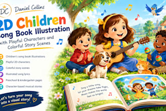 illustrate 2d children song books with playful characters, colorful story scenes